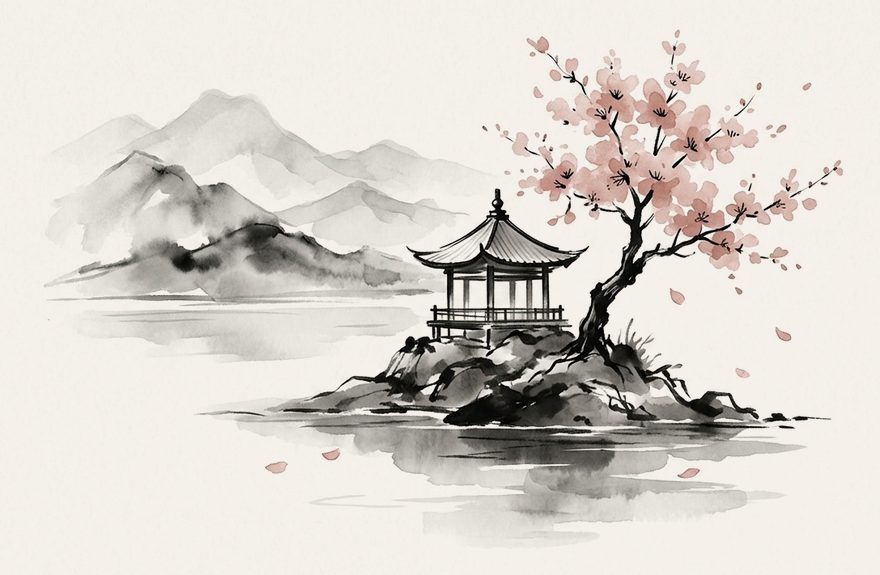Sumi-e mountain, pagoda and cherry tree