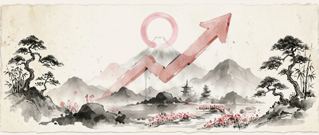 Sumi-e landscape — Mount Fuji, pagoda, bamboo, stones and sakura
